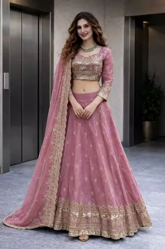 Pink COLOR FENDY SATIN HEAVY EMBROIDERY WORK WEDDING WEAR STITCHED LEHENGA CHOLI