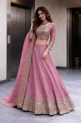 Pink COLOR FENDY SATIN HEAVY EMBROIDERY WORK WEDDING WEAR STITCHED LEHENGA CHOLI