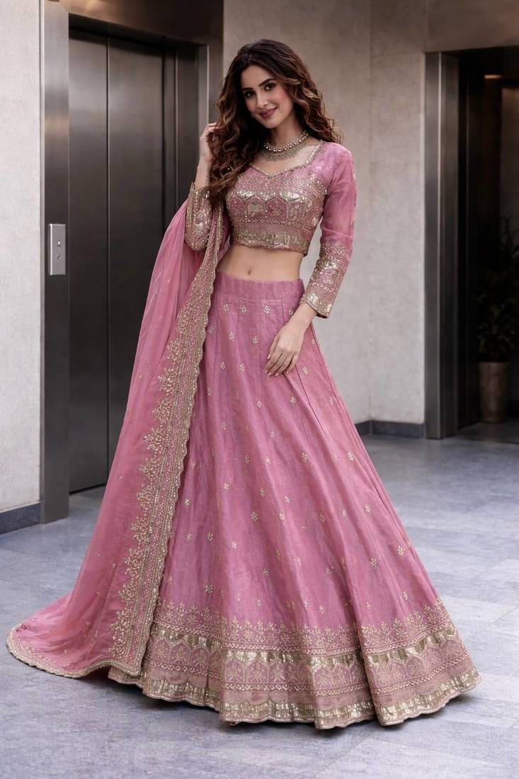 Pink COLOR FENDY SATIN HEAVY EMBROIDERY WORK WEDDING WEAR STITCHED LEHENGA CHOLI