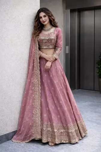 Pink COLOR FENDY SATIN HEAVY EMBROIDERY WORK WEDDING WEAR STITCHED LEHENGA CHOLI