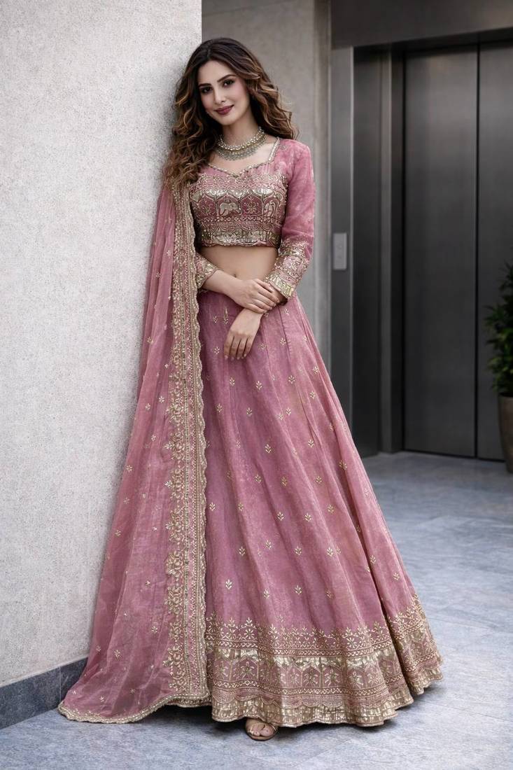 Pink COLOR FENDY SATIN HEAVY EMBROIDERY WORK WEDDING WEAR STITCHED LEHENGA CHOLI