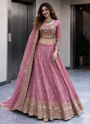 Pink COLOR FENDY SATIN HEAVY EMBROIDERY WORK WEDDING WEAR STITCHED LEHENGA CHOLI 4