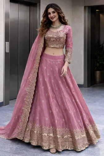 Pink COLOR FENDY SATIN HEAVY EMBROIDERY WORK WEDDING WEAR STITCHED LEHENGA CHOLI