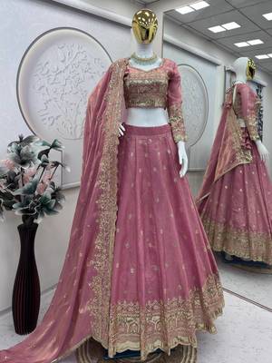 Pink COLOR FENDY SATIN HEAVY EMBROIDERY WORK WEDDING WEAR STITCHED LEHENGA CHOLI 5