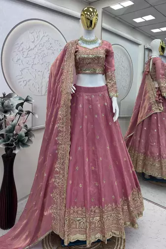 Pink COLOR FENDY SATIN HEAVY EMBROIDERY WORK WEDDING WEAR STITCHED LEHENGA CHOLI