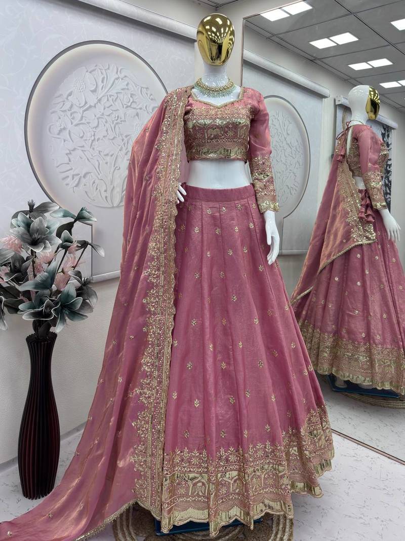 Pink COLOR FENDY SATIN HEAVY EMBROIDERY WORK WEDDING WEAR STITCHED LEHENGA CHOLI