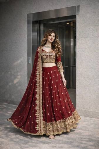 Maroon COLOR FENDY SATIN HEAVY EMBROIDERY WORK WEDDING WEAR STITCHED LEHENGA CHOLI