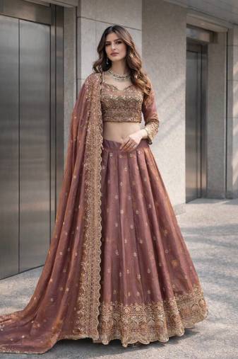 Onion COLOR FENDY SATIN HEAVY EMBROIDERY WORK WEDDING WEAR STITCHED LEHENGA CHOLI