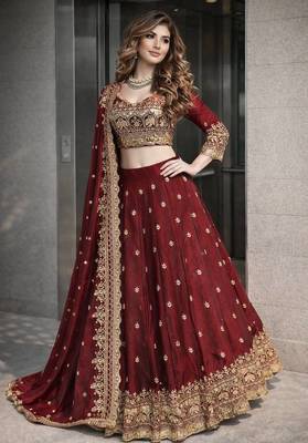 Maroon COLOR FENDY SATIN HEAVY EMBROIDERY WORK WEDDING WEAR STITCHED LEHENGA CHOLI 2