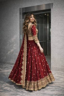Maroon COLOR FENDY SATIN HEAVY EMBROIDERY WORK WEDDING WEAR STITCHED LEHENGA CHOLI 3