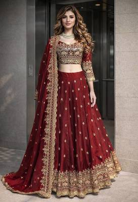 Maroon COLOR FENDY SATIN HEAVY EMBROIDERY WORK WEDDING WEAR STITCHED LEHENGA CHOLI 4