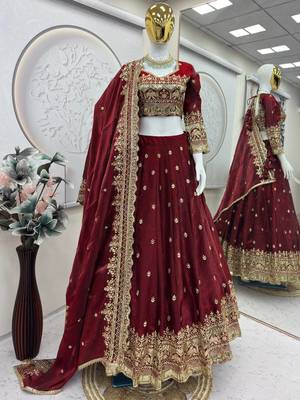 Maroon COLOR FENDY SATIN HEAVY EMBROIDERY WORK WEDDING WEAR STITCHED LEHENGA CHOLI 5