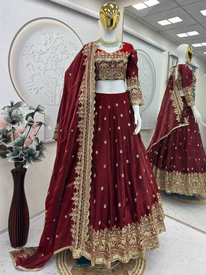 Maroon COLOR FENDY SATIN HEAVY EMBROIDERY WORK WEDDING WEAR STITCHED LEHENGA CHOLI