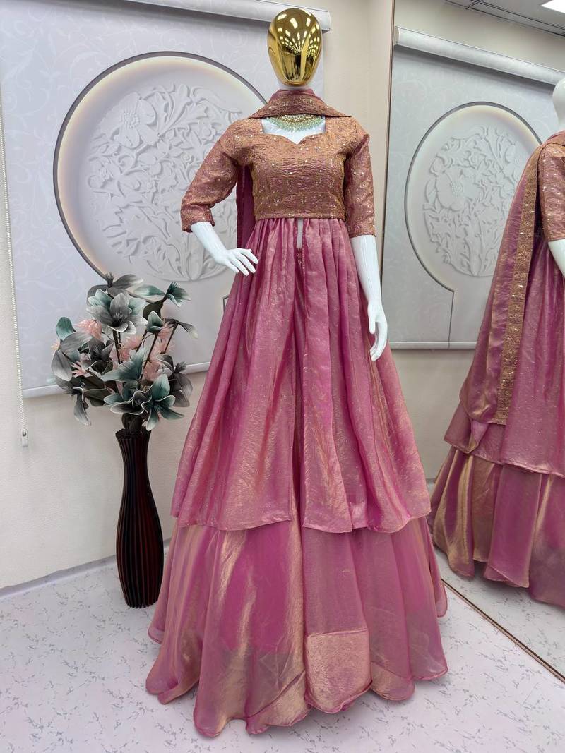 PINK COLOR FENDY SATIN HEAVY EMBROIDERY WORK WEDDING WEAR STITCHED LEHENGA CHOLI
