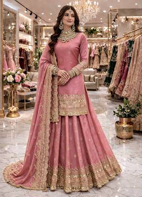 Pink COLOR FENDY SATIN HEAVY EMBROIDERY WORK WEDDING WEAR STITCHED LEHENGA CHOLI 1