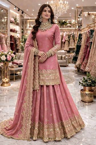 Pink COLOR FENDY SATIN HEAVY EMBROIDERY WORK WEDDING WEAR STITCHED LEHENGA CHOLI