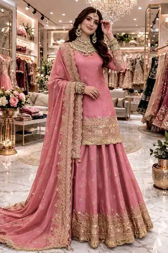 Pink COLOR FENDY SATIN HEAVY EMBROIDERY WORK WEDDING WEAR STITCHED LEHENGA CHOLI