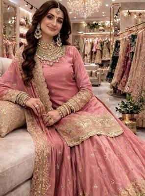 Pink COLOR FENDY SATIN HEAVY EMBROIDERY WORK WEDDING WEAR STITCHED LEHENGA CHOLI 4