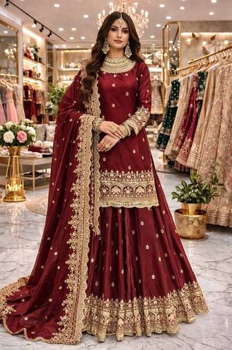 Maroon COLOR FENDY SATIN HEAVY EMBROIDERY WORK WEDDING WEAR STITCHED LEHENGA CHOLI