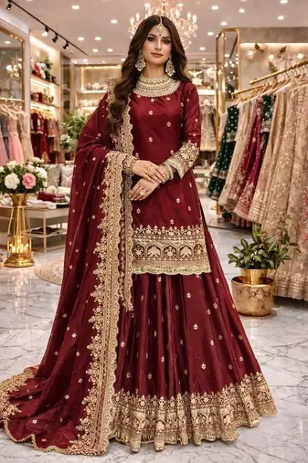 Maroon COLOR FENDY SATIN HEAVY EMBROIDERY WORK WEDDING WEAR STITCHED LEHENGA CHOLI