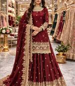 Maroon COLOR FENDY SATIN HEAVY EMBROIDERY WORK WEDDING WEAR STITCHED LEHENGA CHOLI