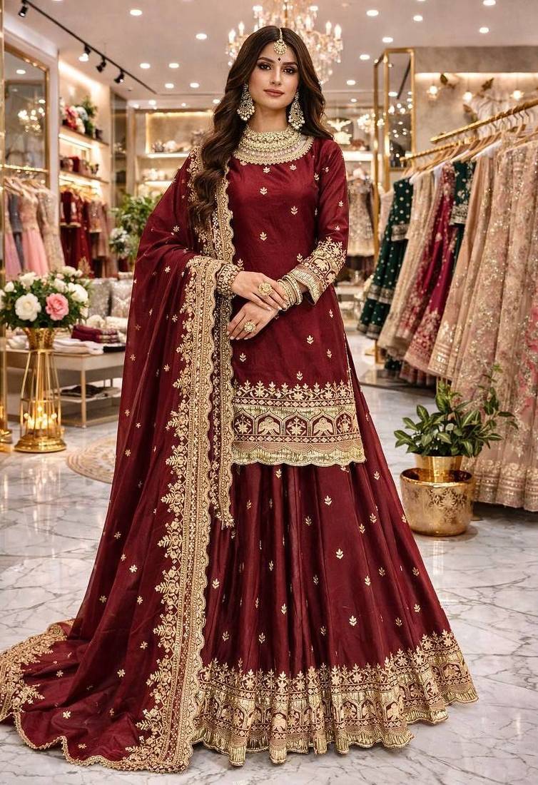 Maroon COLOR FENDY SATIN HEAVY EMBROIDERY WORK WEDDING WEAR STITCHED LEHENGA CHOLI
