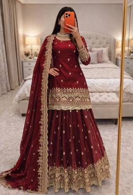 Maroon COLOR FENDY SATIN HEAVY EMBROIDERY WORK WEDDING WEAR STITCHED LEHENGA CHOLI 2