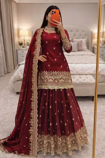 Maroon COLOR FENDY SATIN HEAVY EMBROIDERY WORK WEDDING WEAR STITCHED LEHENGA CHOLI