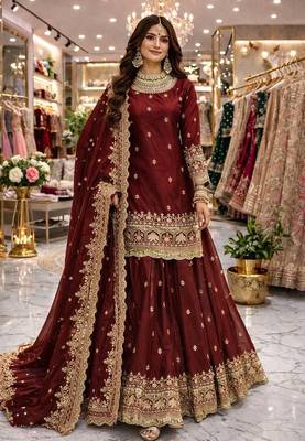 Maroon COLOR FENDY SATIN HEAVY EMBROIDERY WORK WEDDING WEAR STITCHED LEHENGA CHOLI 3