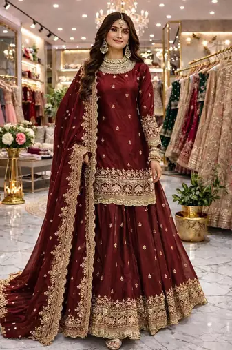 Maroon COLOR FENDY SATIN HEAVY EMBROIDERY WORK WEDDING WEAR STITCHED LEHENGA CHOLI
