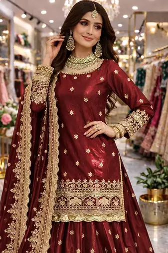 Maroon COLOR FENDY SATIN HEAVY EMBROIDERY WORK WEDDING WEAR STITCHED LEHENGA CHOLI