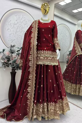 Maroon COLOR FENDY SATIN HEAVY EMBROIDERY WORK WEDDING WEAR STITCHED LEHENGA CHOLI