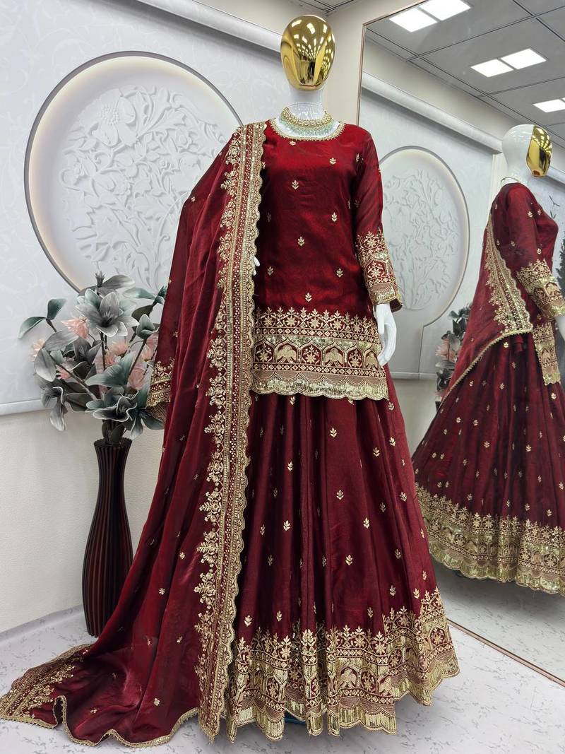 Maroon COLOR FENDY SATIN HEAVY EMBROIDERY WORK WEDDING WEAR STITCHED LEHENGA CHOLI