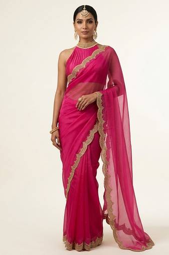 Pink embroidered silk saree set