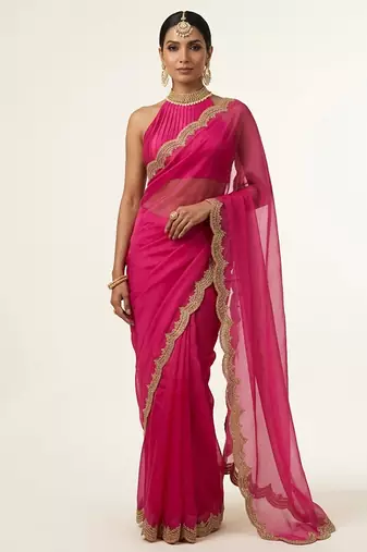Pink embroidered silk saree set