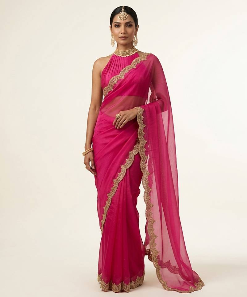 Pink embroidered silk saree set