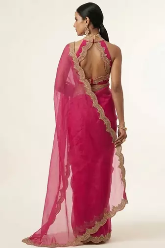Pink embroidered silk saree set