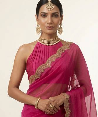 Pink embroidered silk saree set 3