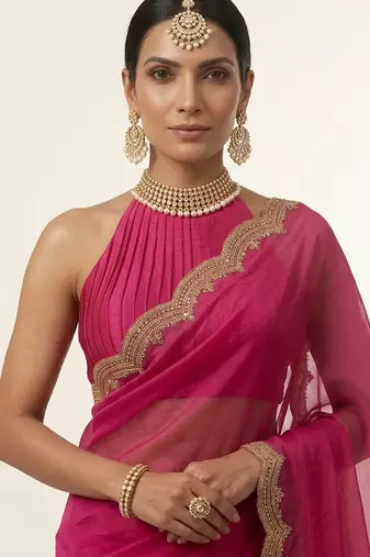 Pink embroidered silk saree set