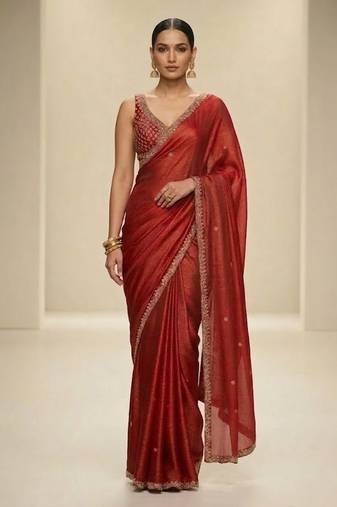 Rust red embroidered silk saree set
