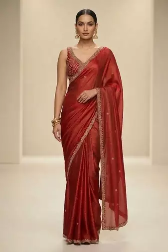 Rust red embroidered silk saree set