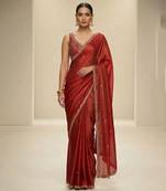 Rust red embroidered silk saree set