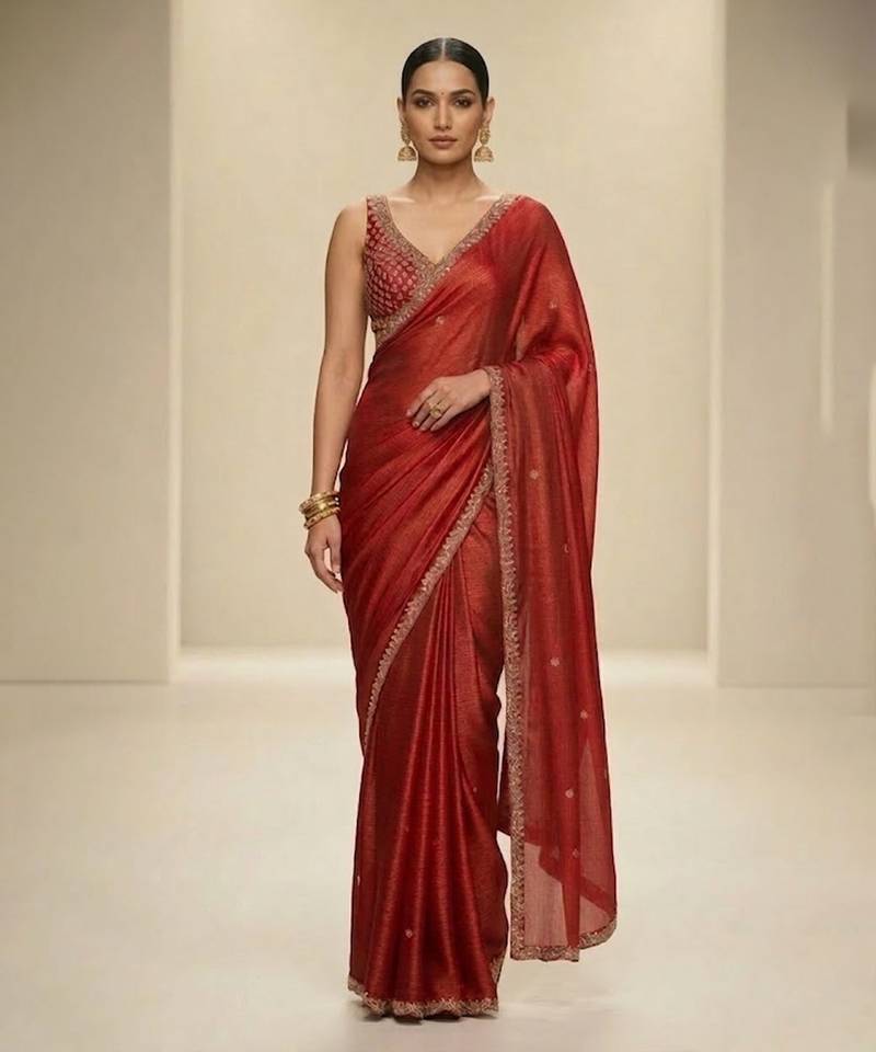 Rust red embroidered silk saree set