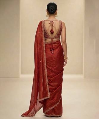 Rust red embroidered silk saree set 2