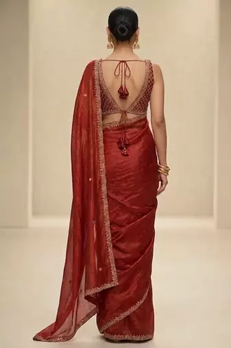 Rust red embroidered silk saree set