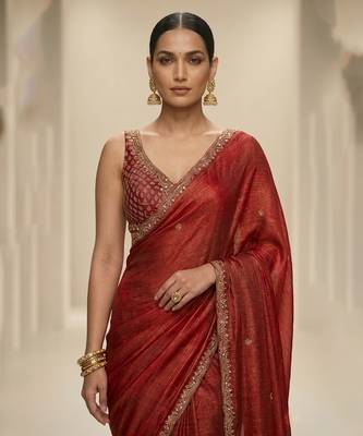 Rust red embroidered silk saree set 3