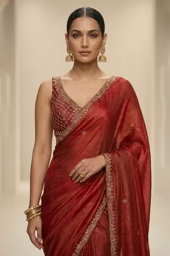 Rust red embroidered silk saree set