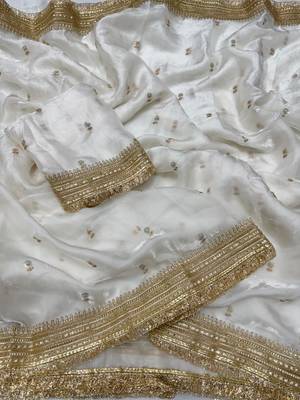 White Color Sequence  Embroidery Work Satin Saree 2