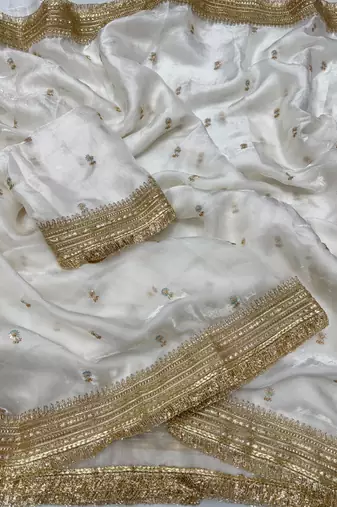 White Color Sequence  Embroidery Work Satin Saree