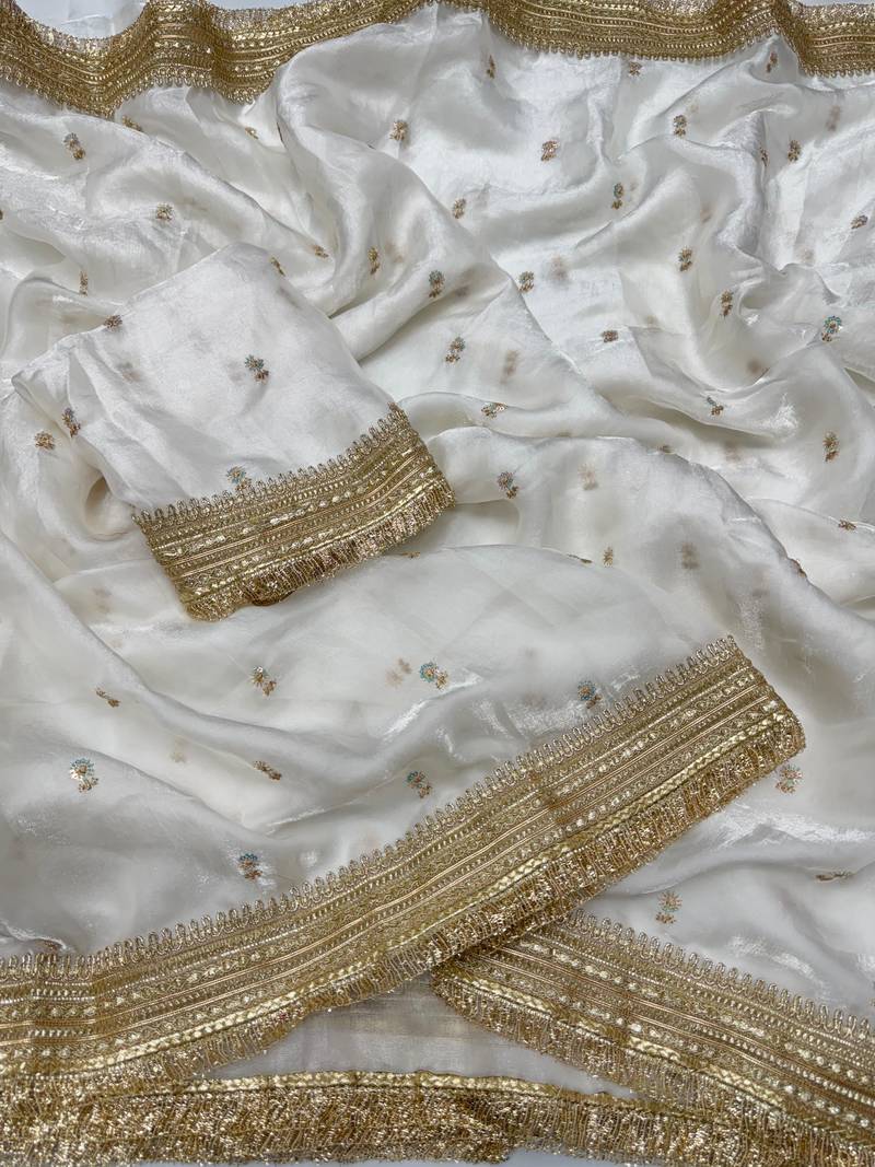 White Color Sequence  Embroidery Work Satin Saree